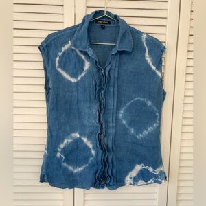 Paperwhite Blue Tie-Dye 100% Linen Button Down Sleeveless Shirt Size 10